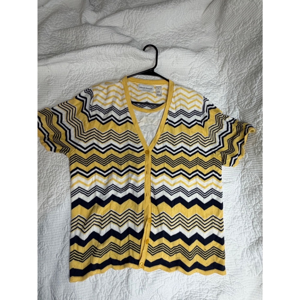 Alfred Dunner Stunner Yellow Navy Zigzag Knit Short Sleeve Sweater Top XL